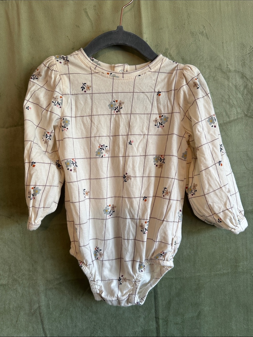 #943 Cream Floral Grid One-Piece Bodysuit for Kids